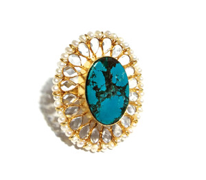 Natural Turquoise Gemstone Pearl Ring 925 Sterling Silver Plated Bohemian Style Oval Shape Handmade Vintage Jewelry <b>Women</b> - Product Image 6