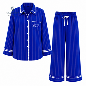 เซตชุดนอนลายทางสีน้ำเงินสำหรับผู้หญิง Zeta Phi Beta ชุดนอนแขนยาวติดกระดุมด้านหน้า ชุดนอนลำลองแต่งขอบตัดกัน พร้อมกางเกงมีเชือกผูก - Product Image 1
