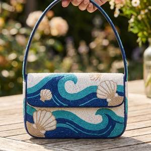 Mini Bolso con Diseño de Conchas y Ondas Oceánicas, Estilo Bohemio, Veraniego, con Cierre de Solapa - Product Image 1