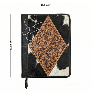 <b>File</b> Cover Tooled Leather Portfolio <b>Folder</b> Hair On A4 <b>Organizer</b> Zipper Case Vintage Black Office Padfolio Custom Certificate Bag - Product Image 2