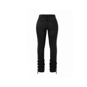 Women's <b>Black</b> Lace up <b>Trousers</b> <b>Skinny</b> <b>Fit</b> Breathable Mid Waist Jeans Side Lace Detail Pull on Casual Streetwear - Product Image 2