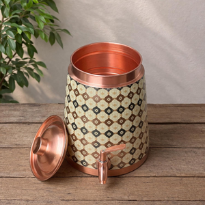 Distributeur d'eau artisanal en cuivre avec couvercle, Matka décorative en cuivre imprimé avec robinet finition laiton, Eau traditionnelle - Product Image 2