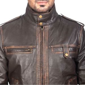 Chaqueta de Cuero Marrón para Hombre, Piel de Oveja Auténtica, Cierre de Cremallera, Cuello Alto, Puños de Punto Acanalado, Dos Bolsillos Interiores y Cuatro Exteriores - Product Image 4