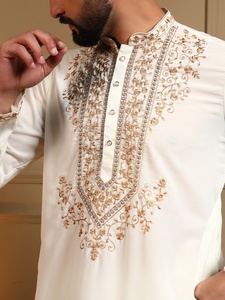 <b>Men</b> White Embroidered <b>Kurta</b> <b>Pajama</b> Set Regular Fit Traditional Indian Pakistani Wedding Wear Knee-Length - Product Image 6