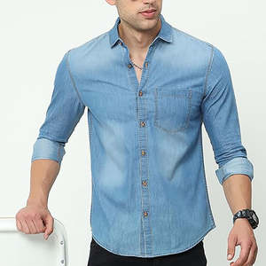 Camisa de mezclilla azul claro premium para hombre, corte ajustado, tela transpirable de larga duración, informal, de manga larga, con botones. - Product Image 3