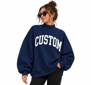 Best Quality <b>Women's</b> <b>Navy</b> Blue Oversized Drop Shoulder Applique Mock Neck <b>Fleece</b> Sweatshirt Winter Autumn Regular Length - Product Image 1