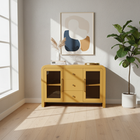Buffet de salon avec trois tiroirs centraux et deux portes vitrées latérales, design écologique, garantie 1 an