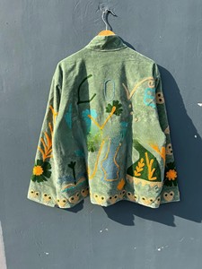 Handcrafted Sage Green Embroidered Velvet Bomber Jacket with Intricate Floral Motifs Premium Ultra Soft Velvet Fabric Jacket - Product Image 2