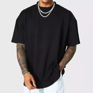 เสื้อยืดโอเวอร์ไซส์สีดำสำหรับผู้ชาย แขนสั้น คอกลม สไตล์ลำลอง ผ้าเจอร์ซีย์ถัก สีพื้น - Product Image 1