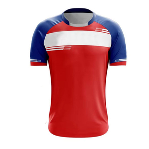 Camiseta Deportiva de Manga Corta para Hombre, con Bloques de Color Rojo, Azul y Blanco, Estampado por Sublimación, Corte Regular, Cuello Redondo, Tejido de Poliéster - Product Image 1