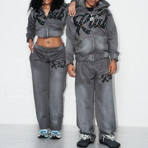 Rhinestone Applique <b>Embroidery</b> Branding Two Piece Streetwear Sweat Suit Premium Quality Cropped Hoodie & Trouser <b>Set</b> for Women's - Product Image 4