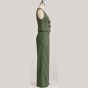 Women New Green Linen Cotton Sleeveless V-Neck <b>Jumpsuit</b> <b>Wide</b> <b>Leg</b> Pants Set Minimalist Summer Breathable Full Length Solid Color - Product Image 2