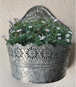 Galvanized Metal Wall Hanging Planter with Decorative Floral Cutout Rustic Indoor Outdoor Flower Pot - Product Image 4