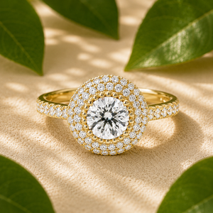 Élégantes bagues de fiançailles en or massif 14 carats avec double halo de diamants de laboratoire ronds, certifiées IGI, bijoux fins personnalisés pour femmes - Product Image 1