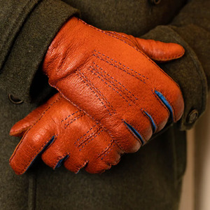 Guantes de Cuero Genuino Rojos Hechos a Mano para Mujer, Costuras Azules en Contraste, Dedos Completos, Forro Suave y Cálido para Invierno, Fiestas y Actividades al Aire Libre, Cierre a Presión - Product Image 5