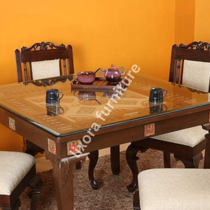 Luxury Handcrafted Solid Wood 4 Seater <b>Dining</b> <b>Table</b> Set Ornate Carving <b>Glass</b> Top Premium Finish - Product Image 2
