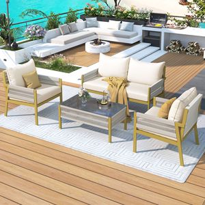 Set di 4 pezzi Set di mobili da giardino in corda profonda da esterno con cuscino spesso tavolo in vetro temperato per il giardino del portico del cortile - Product Image 1