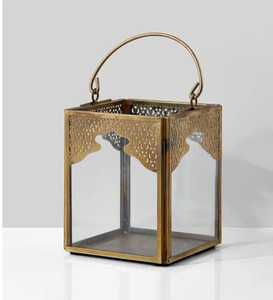 Brass finish square lantern with transparent glass panels ornate perforated metal <b>top</b> curved handle elegant design indoor - Product Image 1