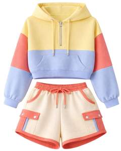 Conjunto de dos piezas casual para mujer: Sudadera corta con cremallera y pantalones cortos con bloques de color amarillo, azul y naranja, bolsillos tipo cargo, de poliéster y algodón, al por mayor. - Product Image 1