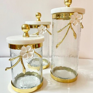Floral Design Glass & Brass Gold Canister With Marble Lid Best Quality Kitchenware Tabletop Serving <b>Sweet</b> <b>Box</b> Canister - Product Image 1