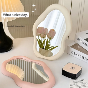 กระจกตั้งโต๊ะแบบพับได้สองด้านทรงรีไม่สมมาตรสีครีมคุณภาพสูงพร้อมไฟส่องสว่างสำหรับใช้ในบ้านและหอพัก - Product Image 2