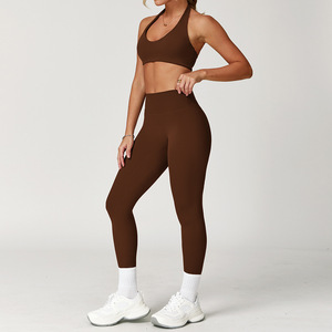 Ensemble de yoga uni pour femme, legging taille haute et crop top, sans couture, en Spandex et Polyester, 2 pièces, tenue de sport, col licou, fitness - Product Image 5