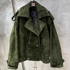 Women's Olive Green Cow Suede Safari Jacket <b>Double</b> Breasted Turn-down Collar <b>Quilted</b> Lining Autumn Style - Product Image 1