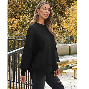 Suéter Oversize de Mujer con Mangas Murciélago, Cuello Redondo, Tejido Acanalado, Holgado, Manga Larga, Abertura Lateral, Color Liso, Estilo Casual para Otoño 2025 - Product Image 3