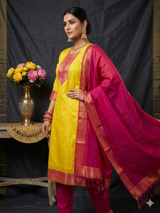 <b>Women's</b> Yellow Pink Cotton <b>Kurta</b> Set With Dupatta Traditional Indian Pakistani Casual Wear Regular Fit Suit Set for <b>Womens</b> - Product Image 4