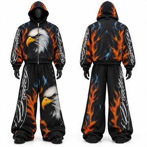 Ensemble de survêtement bleu à imprimé intégral style unique, sweat à capuche zippé coupe ample streetwear et pantalon avec motif croisé - Product Image 1