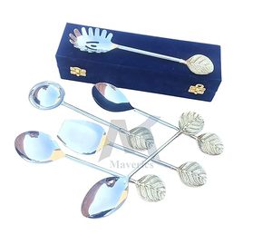Juego de Cucharas de Té Plateadas con Diseño de Hoja, Acabado Espejo, Mango Largo, Estilo Clásico para Uso en la Cocina - Product Image 1