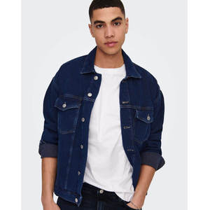 Men's Dark Blue Denim <b>Jacket</b> Regular Fit Turn-down Collar Casual Autumn Wear 100% Cotton Knitted Solid Color Eco-friendly Front - Product Image 1