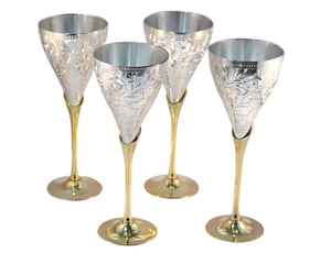 Ensemble de gobelets à vin en laiton pur plaqué argent |   Calice en laiton gravé de luxe moderne |   Verres à vin décoratifs élégants à pied doré - Product Image 1