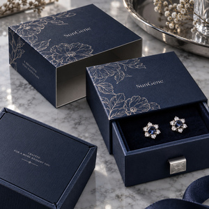 SunGene Sliding Drawer Rigid Paper <b>Box</b> for Earrings in Midnight Blue And Cool Silver - Product Image 4
