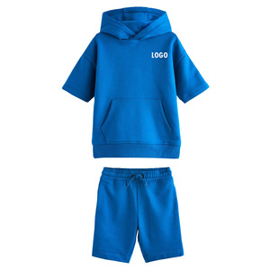 Conjunto de Sudadera con Capucha y Pantalones Cortos Azules para Bebés, Color Sólido, Informal, Verano, 2 Piezas, Sudadera de Manga Corta, Pantalones Deportivos - Product Image 1