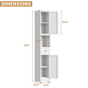 Mobiletto da Bagno Alto 71 Pollici in Metallo Bianco, 5 Ripiani, Stretto, con 2 Ante e Ripiani Regolabili, Autoportante - Product Image 2