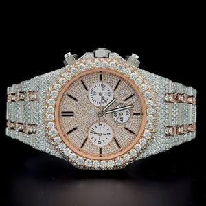 Reloj cronógrafo de 3 subesferas con diamantes de moissanita certificados, oro rosa bicolor, funciona con batería, diamantes de moissanita VVS. - Product Image 1
