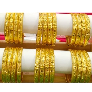 Traditional Leaf Engraved Gold Plated <b>Bangle</b> <b>Bracelet</b> Set Detailed Pattern Metal Jewelry for Women Daily and Ethnic Styling - Product Image 1