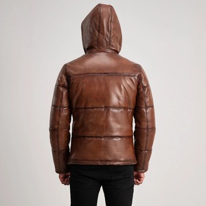 Premium <b>Men's</b> Brown Hooded PU Leather Puffer Jacket Windproof Zipper Closure Winter Casual Outerwear For <b>Men</b> - Product Image 2