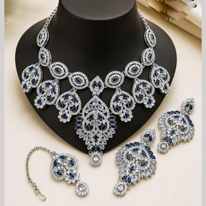 JeweleMarket Women's Silver Plated Crystal Rhinestone <b>Indian</b> Traditional Bridal Jewelry <b>Set</b> <b>Necklace</b> Maang Tikka Wedding - Product Image 1