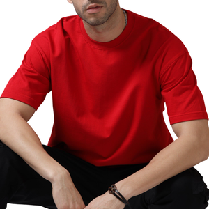 T-shirt en coton uni, style streetwear formel, coupe oversize, épaules tombantes, léger, pour homme, rouge, impression personnalisée sur le devant, style urbain - Product Image 3