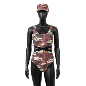 Traje de baño de una pieza para mujer, poliéster y spandex, tela suave y elástica, diseño de panel estampado en rojo, logotipo personalizado, traje de baño para mujer - Product Image 1