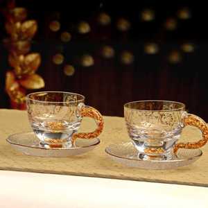Crystal Glass <b>Cups</b> and <b>Saucers</b> Set of 2 with Gold Foil Flakes Handle Vintage Design for Party Presents Afternoon Tea - Product Image 1