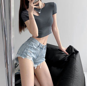 Women's Distressed Denim <b>Shorts</b> Skinny Fit Mid Waist Ripped Cotton Summer <b>Shorts</b> With Frayed Hem And Front Pockets - Product Image 4