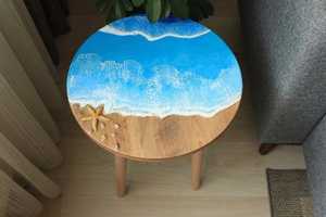 Round Beach Inspired <b>Epoxy</b> <b>Resin</b> Wood <b>Table</b> Handmade Coastal Accent <b>Table</b> Custom Luxury Living Room Furniture - Product Image 3