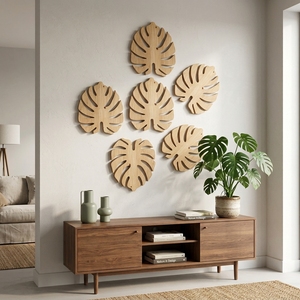 Silhouette murale artisanale en bois de feuille de Monstera, sculpture murale en bois sculpté, style botanique tropical minimaliste, décoration de salon - Product Image 2