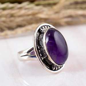 SHYAM JEWELRS 925 Sterling Silver Purple Amethyst Oval Shape Boho Handmade Oxidized Style Unisex <b>Statement</b> <b>Ring</b> Handcrafted - Product Image 2