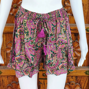 Shorts en soie pour femmes, imprimé Paisley, style bohème, taille élastique, cordon de serrage à pompons, pour l'été, la plage, décontracté, fluide, avec ourlet à volants - Product Image 1