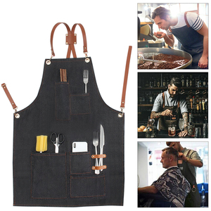 Tablier en jean avec bretelles en cuir et poches pour chef cuisinier, barista, etc. - Product Image 6