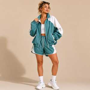 Ensemble veste coupe-vent et short pour femme, bleu sarcelle et blanc, vêtements de sport légers, tenue de sport décontractée - Product Image 1